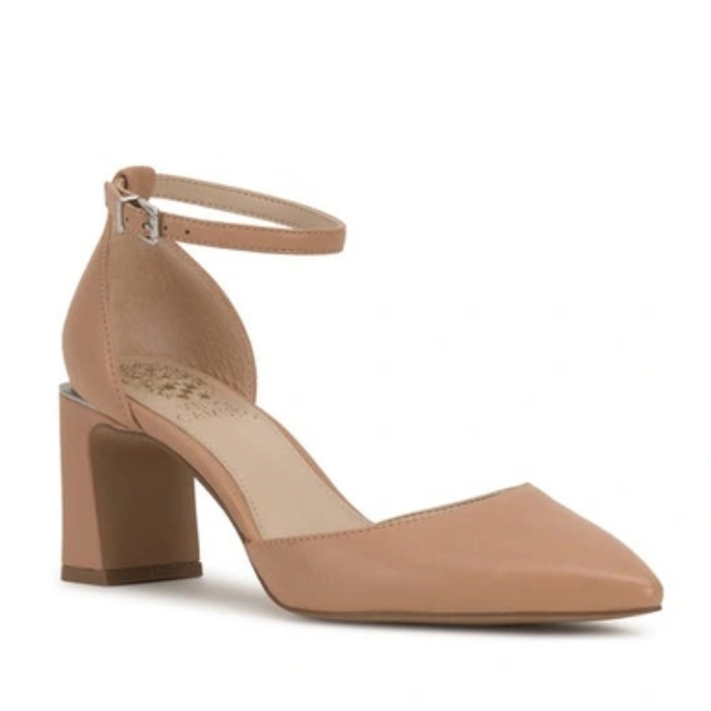 Vince Camuto Blush Tan Pointed-Toe Ankle-Strap Block Heels
